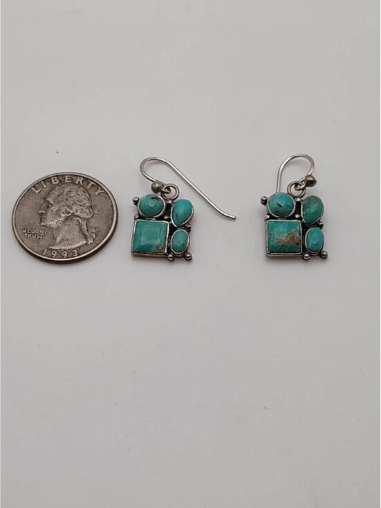 Sterling Silver Turquoise Cluster Dangle Earrings - Picture 3 of 4
